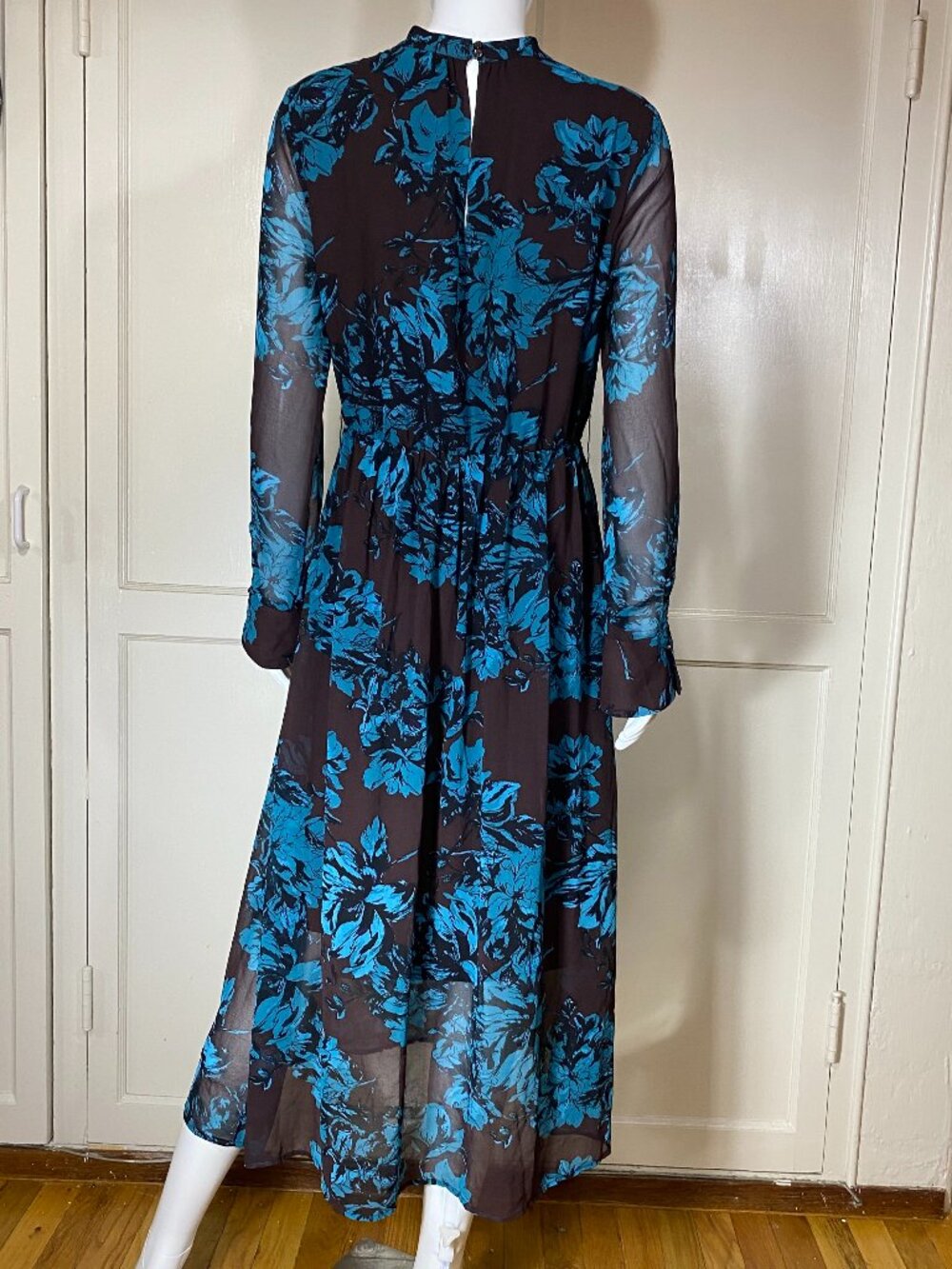 WHO WHAT WEAR Brown Blue Floral Fit Flare Midi Dress Long Sleeve Sheer Sz M Boho - Picture 4 of 10